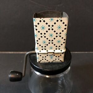 Vintage Farmhouse Tin Glass Androck Nut Chopper/Grinder Gold Starburst & Black